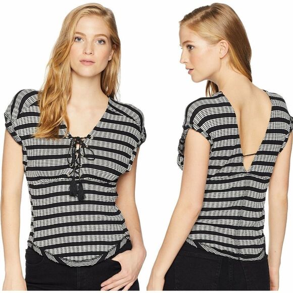 New! FREE PEOPLE Women's Striped Tassel Lace-Up V-Back Top Blouse Size Large - Picture 1 of 6
